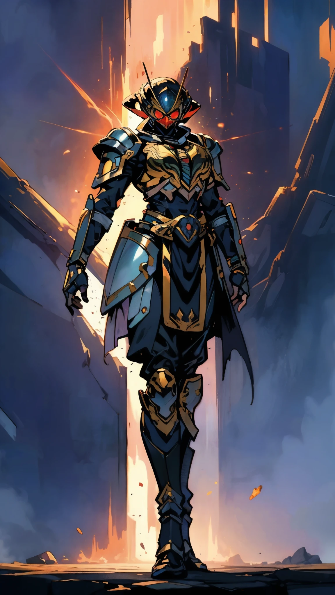 A woman adorned in fantasy-style full-body armor, a crown-concept fully enclosed helmet that unveils only her eyes, a composite layered chest plate, fully encompassing shoulder and hand guards, a lightweight waist armor, form-fitting shin guards, the overall design is heavy-duty yet flexible, (the armor gleams with a golden glow, complemented by red and blue accents), exhibiting a noble aura, she floats above a fantasy-surreal high-tech city, this character embodies a finely crafted fantasy-surreal style armored hero in anime style, exquisite and mature manga art style, (mixture of Queen bee and Spider concept Armor, plasma energy, blood energy), ((Element, elegant, goddess, femminine:1.5)), metallic, high definition, best quality, highres, ultra-detailed, ultra-fine painting, extremely delicate, professional, anatomically correct, symmetrical face, extremely detailed eyes and face, high quality eyes, creativity, RAW photo, UHD, 32k, Natural light, cinematic lighting, masterpiece-anatomy-perfect, masterpiece:1.5