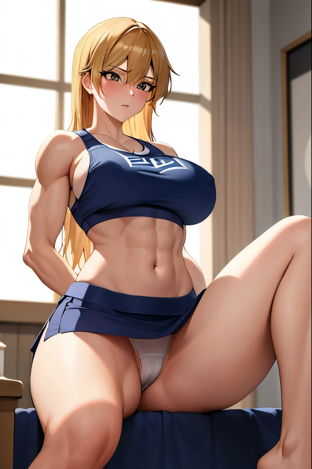 Close-up of a woman with long blonde hair, brown eyed woman, classic women, big breasts, had very large breasts, Made at Anime Painter Studio, Tits, clothing:Navy Blue Sports Bra, women romance, anime style, muscular woman, feminine and muscular, tall, sports bra with an navy blue, high school girl, adult sex appeal, wore a tight skirt, Are standing, anime dick!!!!, white panties, bare shoulders, bare arms, panty with an white, from the front