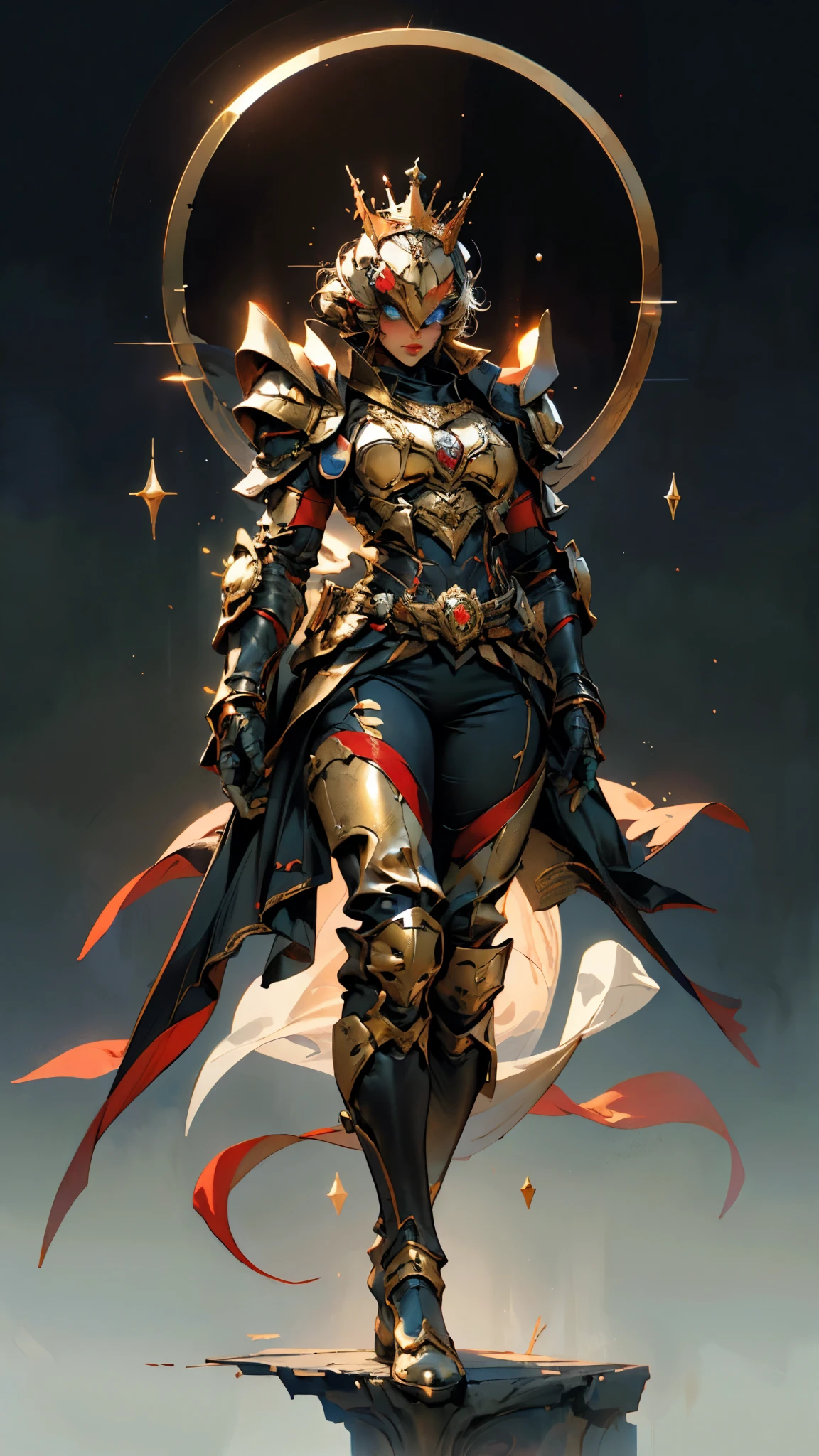 A woman adorned in fantasy-style full-body armor, a crown-concept fully enclosed helmet that unveils only her eyes, a composite layered chest plate, fully encompassing shoulder and hand guards, a lightweight waist armor, form-fitting shin guards, the overall design is heavy-duty yet flexible, (the armor gleams with a golden glow, complemented by red and blue accents), exhibiting a noble aura, she floats above a fantasy-surreal high-tech city, this character embodies a finely crafted fantasy-surreal style armored hero in anime style, exquisite and mature manga art style, (mixture of Queen bee and Spider concept Armor, plasma energy, blood energy), ((Element, elegant, goddess, femminine:1.5)), metallic, high definition, best quality, highres, ultra-detailed, ultra-fine painting, extremely delicate, professional, anatomically correct, symmetrical face, extremely detailed eyes and face, high quality eyes, creativity, RAW photo, UHD, 32k, Natural light, cinematic lighting, masterpiece-anatomy-perfect, masterpiece:1.5