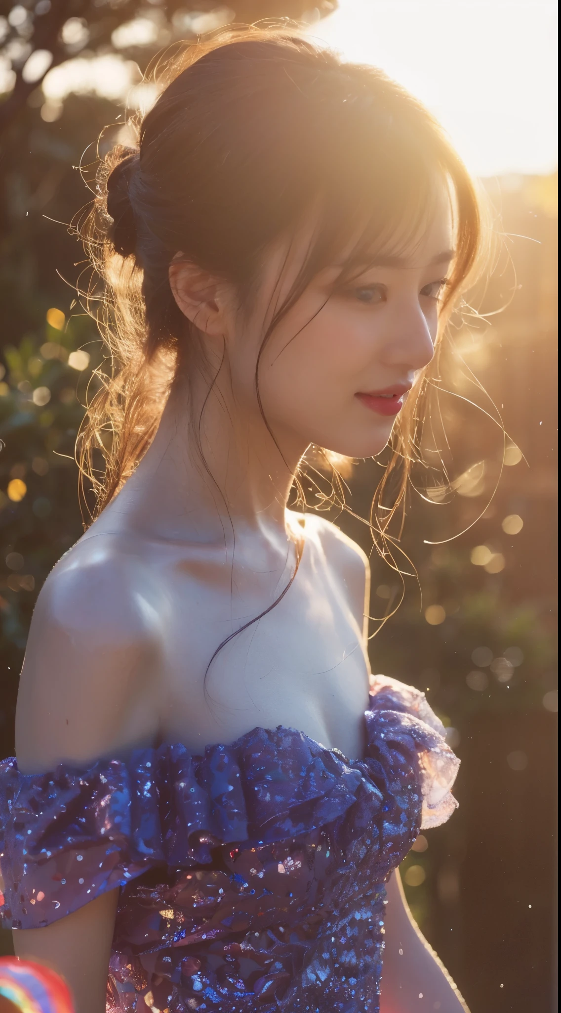 ((Masterpiece, Top image quality, high resolution、alone、skin shiny))(on the table, best quality, actual, super detailed, meticulous, high resolution, 8k wallpaper), Close-up portrait of a beautiful woman, like, smiling, light brown messy hair, Perfect dynamic composition, 美丽meticulous的眼睛, Just like the cover of a fashion magazine, on campus,wearing gold glasses