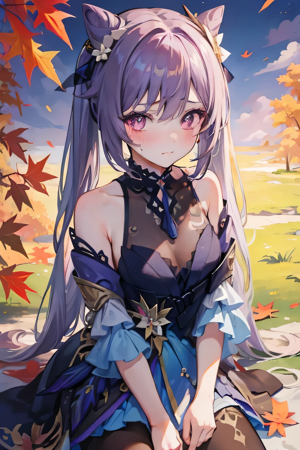 (Masterpiece)1 girl, Genshin Impact, Best quality, Expressive eyes, Perfect face ,Blush, crying loadly, wearing opulent splendor, outdoors, day, Simple background, Lay down, Looking , autumn ,Bright sky, view the viewer, Moody lighting,