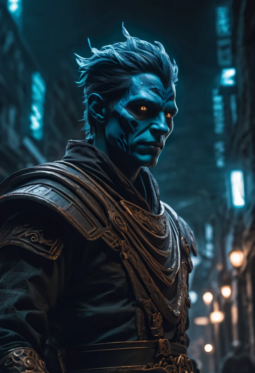 somber portrait of Sandman from Marvel with intricate angular cybernetic implants inside a brutalist building, gothic brutalist cathedral, cyberpunk, award-winning photo, bokeh, neon lights, cybernetic limb