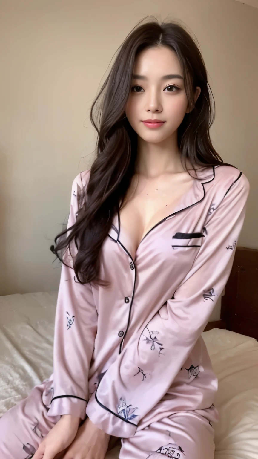 ((top-quality、8k、​masterpiece:1.3))、Beautiful woman with perfect body:1.4、slim abdomen:1.2、Longhair, normal breast, Highly detailed facial and skin texture, A detailed eye, delicate eyes, double eyelid, (smile), (full body shot), ((bedroom)), (sitting on bed), ((wearing pink pyjamas)), looking in front