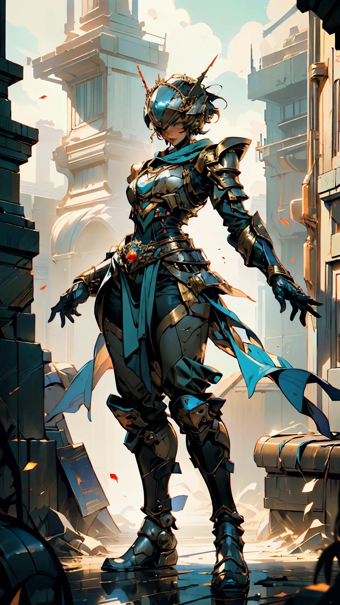 A woman adorned in fantasy-style full-body armor, a crown-concept fully enclosed helmet that unveils only her eyes, a composite layered chest plate, fully encompassing shoulder and hand guards, a lightweight waist armor, form-fitting shin guards, the overall design is heavy-duty yet flexible, (the armor gleams with a golden glow, complemented by red and blue accents), exhibiting a noble aura, she floats above a fantasy-surreal high-tech city, this character embodies a finely crafted fantasy-surreal style armored hero in anime style, exquisite and mature manga art style, (mixture of Queen bee and Spider concept Armor, plasma energy, blood energy), ((Element, elegant, goddess, femminine:1.5)), metallic, high definition, best quality, highres, ultra-detailed, ultra-fine painting, extremely delicate, professional, anatomically correct, symmetrical face, extremely detailed eyes and face, high quality eyes, creativity, RAW photo, UHD, 32k, Natural light, cinematic lighting, masterpiece-anatomy-perfect, masterpiece:1.5