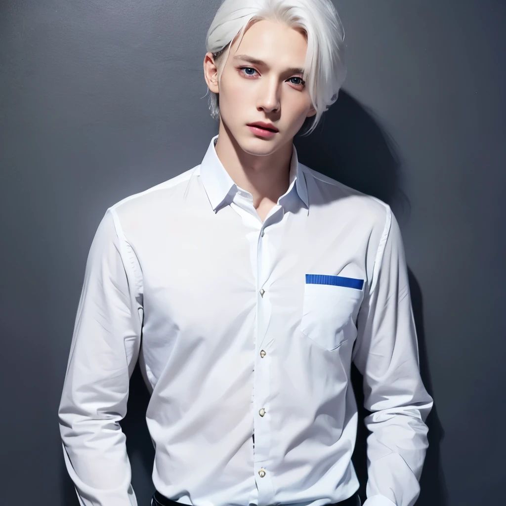 Boy, white hair, blue eyes, serious sharp features, white skin, young man, shirt and pants style, professor