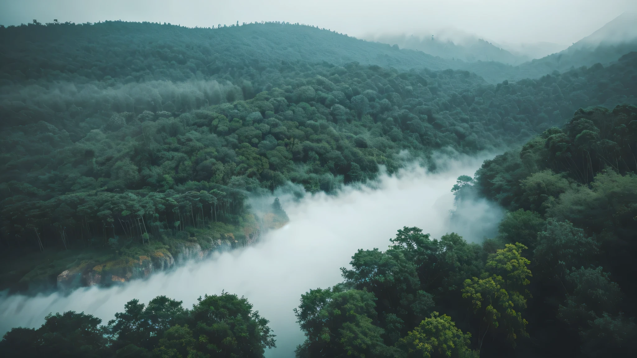 Deep in jungle, cinematic, drone shot, birds eye view, mist covering trees
