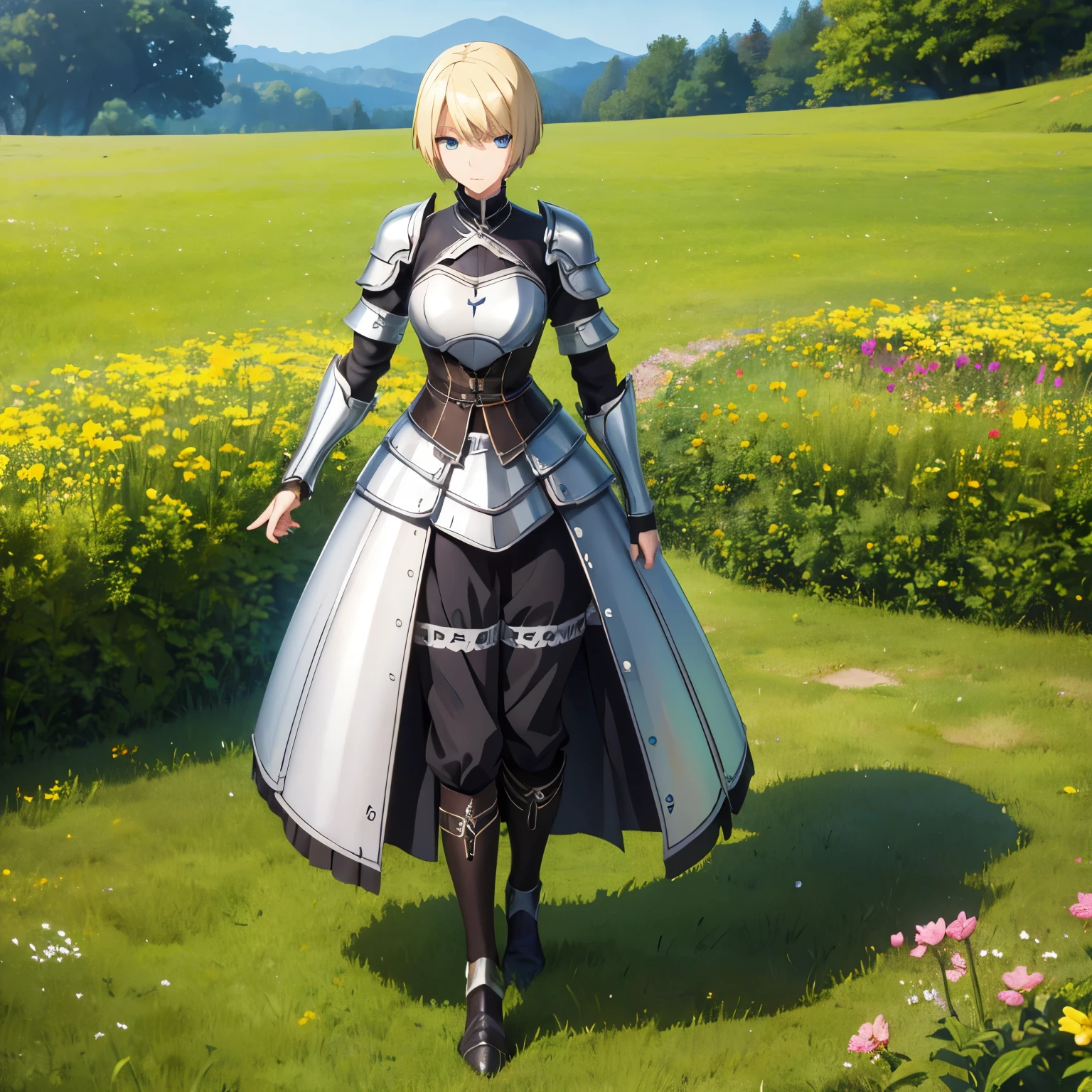 German,cool,a woman,Blonde short intake hair,emerald eyes.tsurime,1600s,Portrait of a woman covered in full body armor in a meadow
