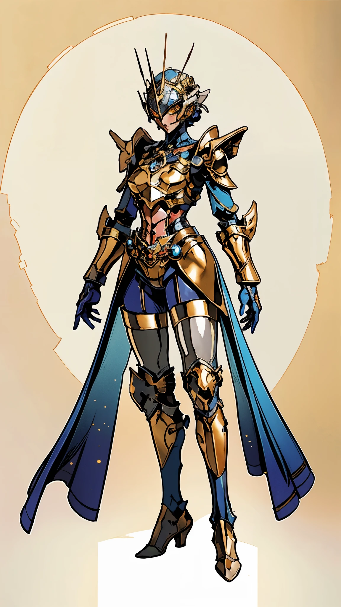 A woman adorned in fantasy-style full-body armor, a crown-concept fully enclosed helmet that unveils only her eyes, a composite layered chest plate, fully encompassing shoulder and hand guards, a lightweight waist armor, form-fitting shin guards, the overall design is heavy-duty yet flexible, (the armor gleams with a golden glow, complemented by red and blue accents), exhibiting a noble aura, she floats above a fantasy-surreal high-tech city, this character embodies a finely crafted fantasy-surreal style armored hero in anime style, exquisite and mature manga art style, (mixture of Queen bee and Spider concept Armor, plasma), ((Element, elegant, goddess, femminine:1.5)), metallic, high definition, best quality, highres, ultra-detailed, ultra-fine painting, extremely delicate, professional, anatomically correct, symmetrical face, extremely detailed eyes and face, high quality eyes, creativity, RAW photo, UHD, 32k, Natural light, cinematic lighting, masterpiece-anatomy-perfect, masterpiece:1.5