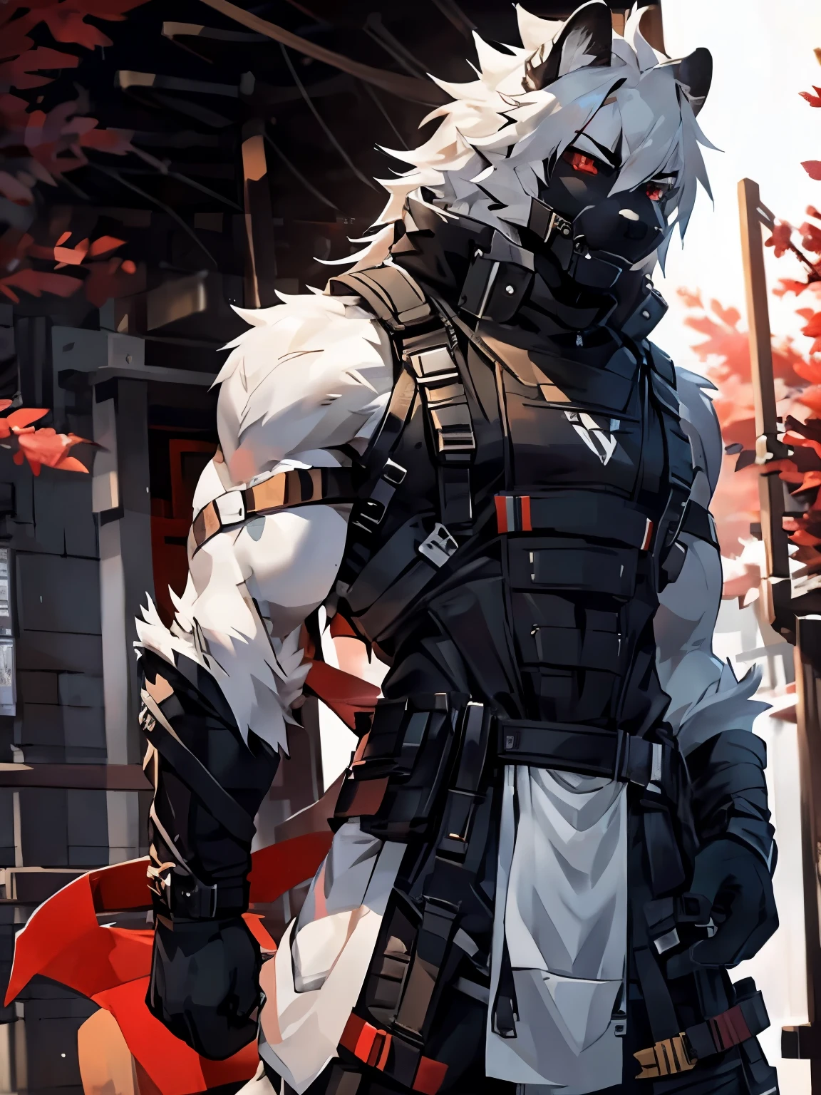 male, furry, Fox anthro, solo, white fur, red eyes, (Realistic eye details 1.2), urbansamuraiwear, abs, Masterpiece, dramatic lighting, soft lighting, day, highly detail, Hair coiled, detail fur, perfect body