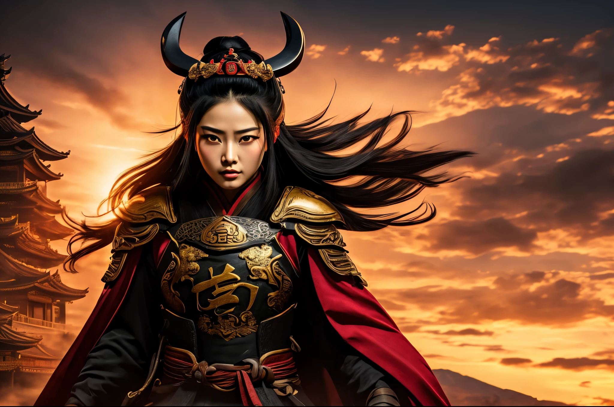 Epic Matte、Classical Chinese beauty,Wearing a golden samurai mask,The eyes are full of killing intent,red background,masterpiece、best picture quality、high resolution、8k,extreme details、Center the composition、masterpiece、Hayao Miyazaki、Ultra-clear