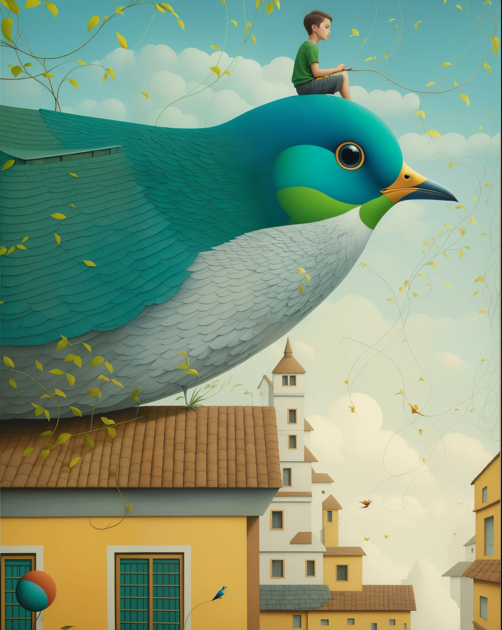 painting of a boy sitting on a bird on top of a building, magrita pura. detalhado, magrita pura. Hiperdetalhado, Jacek Yerka e Vladimir Kush, zdzislaw beksisnski, a surrealist bird, surrealist bird, Shaun Tan. hiperrealismo, Pranckevicius com mau funcionamento surreal, rosto perfeito, sem deformar