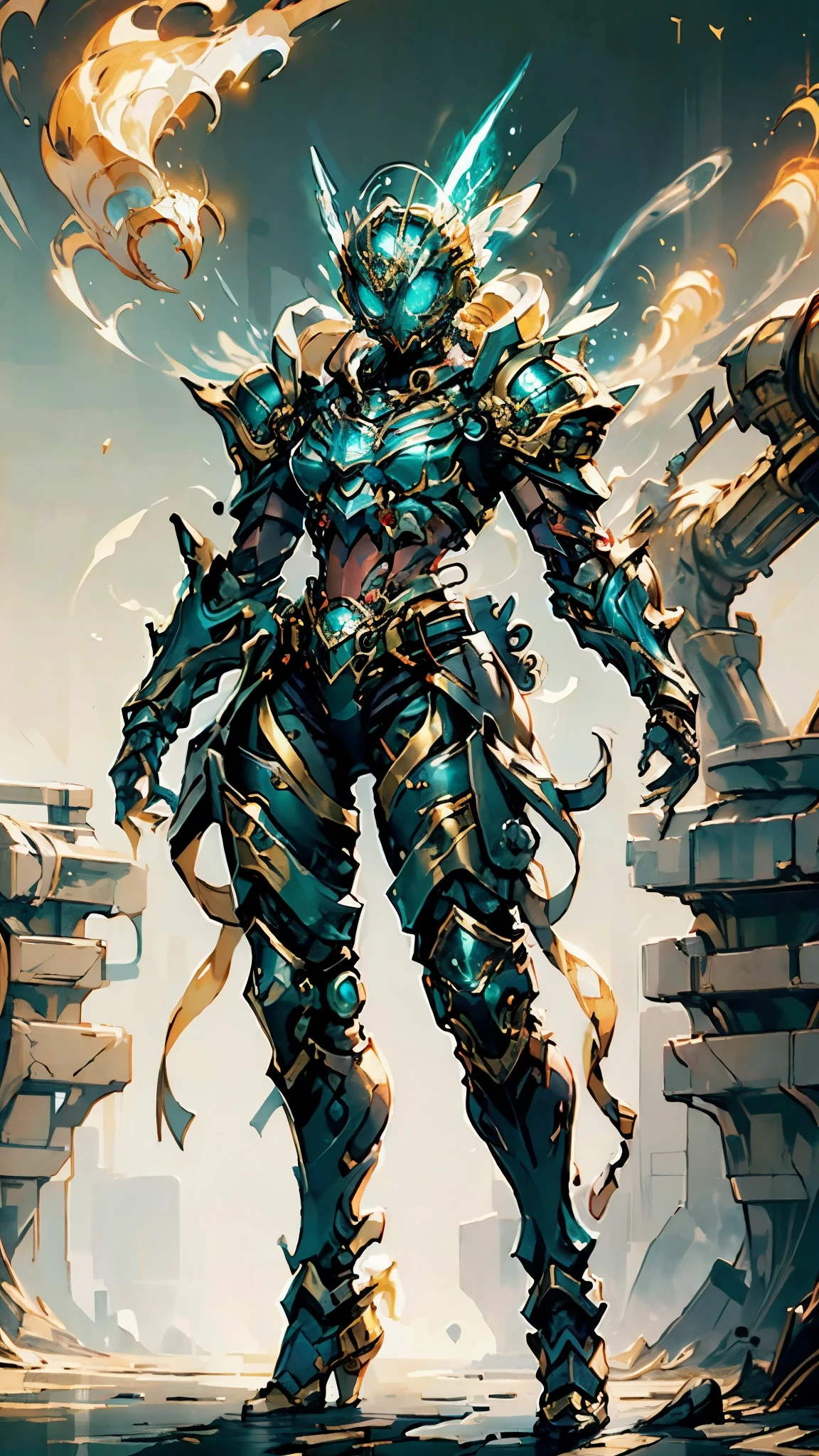 A woman adorned in fantasy-style full-body armor, a crown-concept fully enclosed helmet that unveils only her eyes, a composite layered chest plate, fully encompassing shoulder and hand guards, a lightweight waist armor, form-fitting shin guards, the overall design is heavy-duty yet flexible, (the armor gleams with a golden glow, complemented by red and blue accents), exhibiting a noble aura, she floats above a fantasy-surreal high-tech city, this character embodies a finely crafted fantasy-surreal style armored hero in anime style, exquisite and mature manga art style, (mixture of Queen bee and Spider concept Armor, plasma), ((Element, elegant, goddess, femminine:1.5)), metallic, high definition, best quality, highres, ultra-detailed, ultra-fine painting, extremely delicate, professional, anatomically correct, symmetrical face, extremely detailed eyes and face, high quality eyes, creativity, RAW photo, UHD, 32k, Natural light, cinematic lighting, masterpiece-anatomy-perfect, masterpiece:1.5