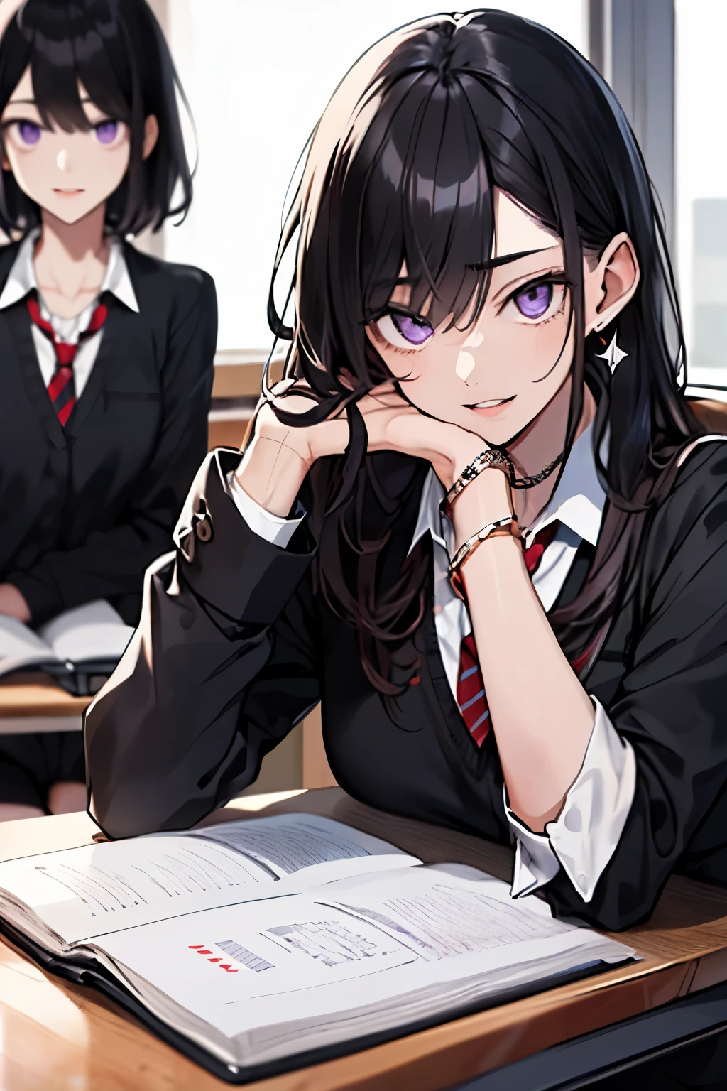 young man wearing school uniform, purple eyes and dark black hair, I was studying seriously.,Devilish woman、perfect face