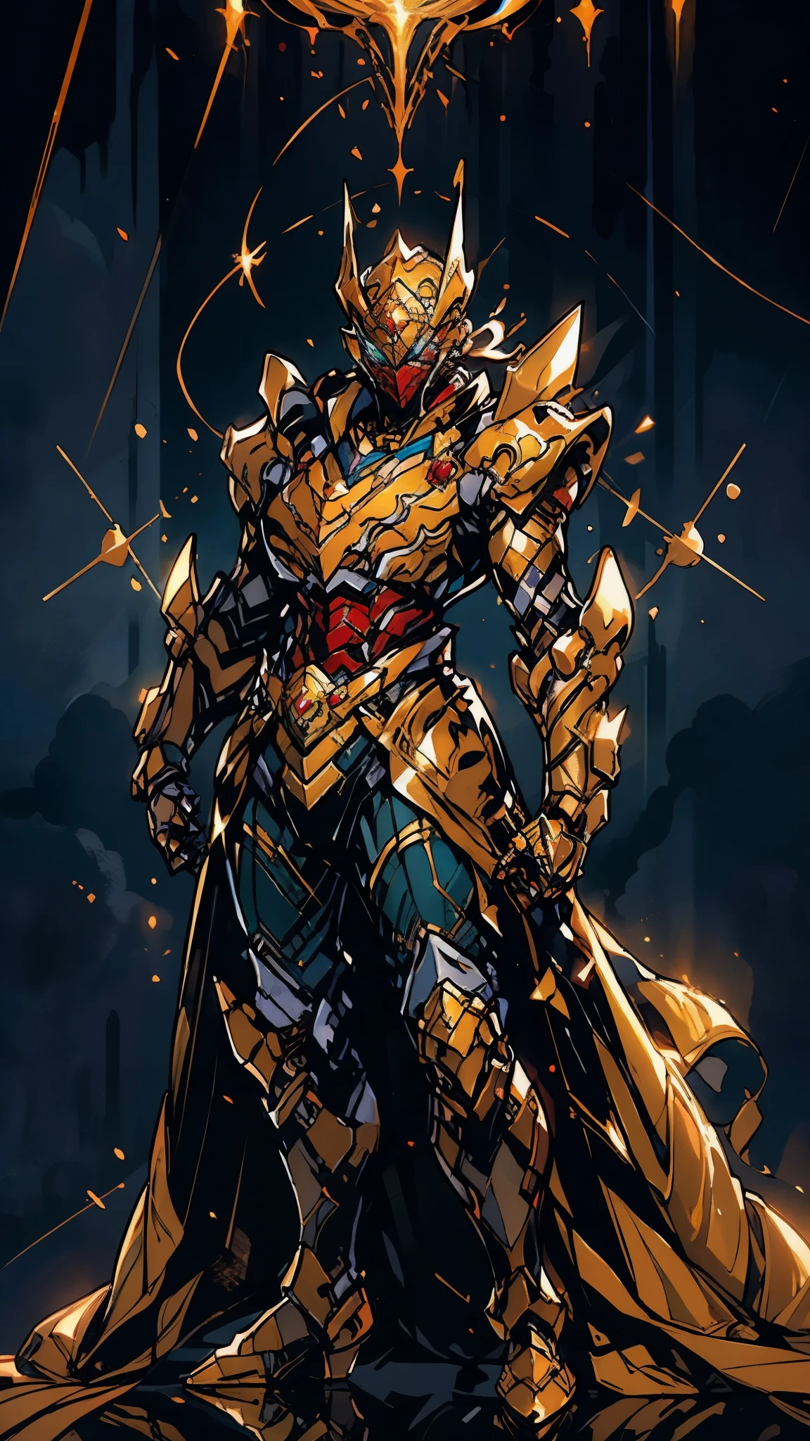 A woman adorned in fantasy-style full-body armor, a crown-concept fully enclosed helmet that unveils only her eyes, a composite layered chest plate, fully encompassing shoulder and hand guards, a lightweight waist armor, form-fitting shin guards, the overall design is heavy-duty yet flexible, (the armor gleams with a golden glow, complemented by red and blue accents), exhibiting a noble aura, she floats above a fantasy-surreal high-tech city, this character embodies a finely crafted fantasy-surreal style armored hero in anime style, exquisite and mature manga art style, (mixture of Queen bee and Spider concept Armor, plasma), ((Element, elegant, goddess, femminine:1.5)), metallic, high definition, best quality, highres, ultra-detailed, ultra-fine painting, extremely delicate, professional, anatomically correct, symmetrical face, extremely detailed eyes and face, high quality eyes, creativity, RAW photo, UHD, 32k, Natural light, cinematic lighting, masterpiece-anatomy-perfect, masterpiece:1.5