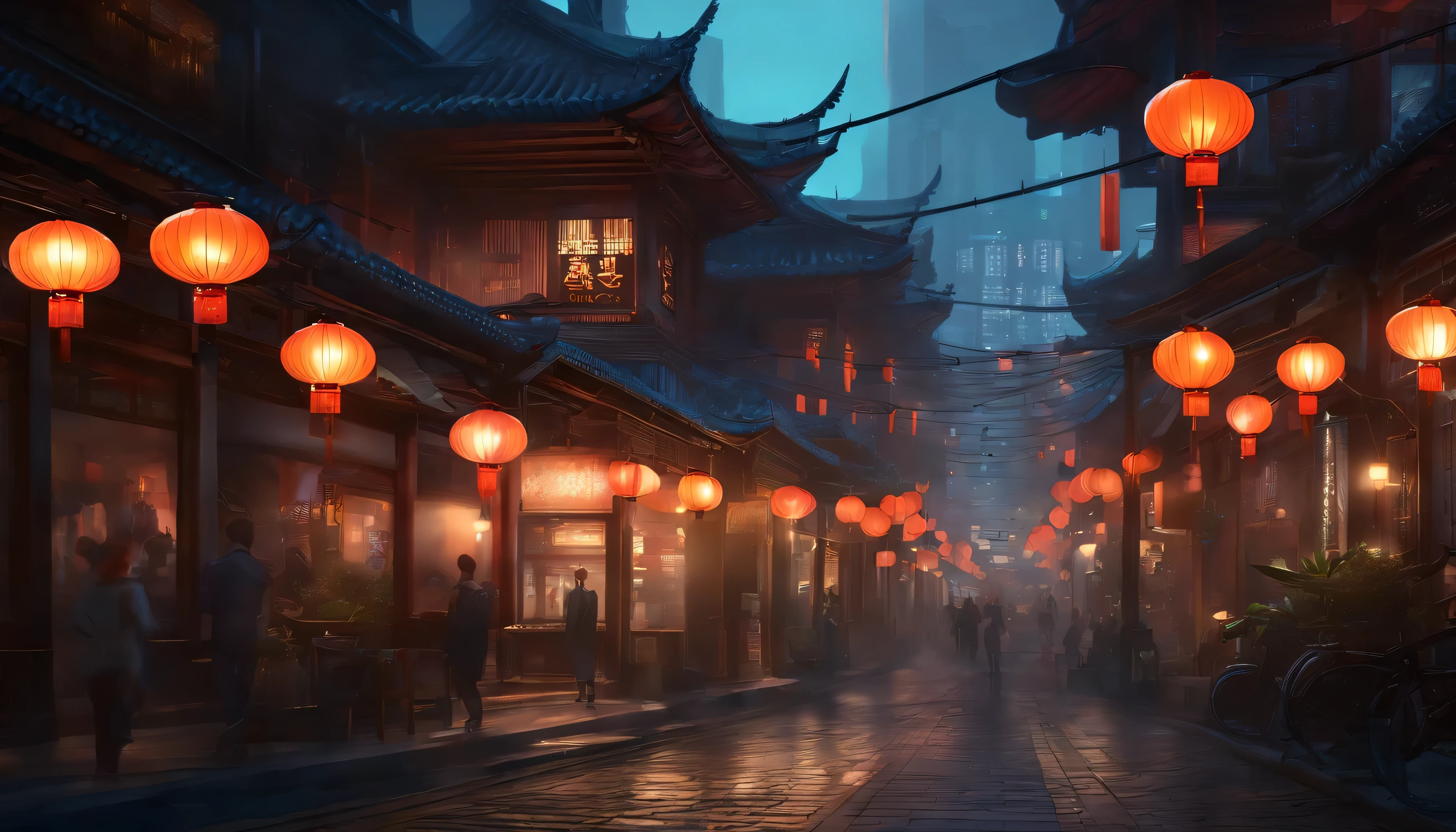 anime city street with lanterns and lanterns hanging over the buildings, dreamy chinese town, japanese street, china town blade runner, rossdraws global illumination, japanese city, anime art wallpaper 4 k, anime art wallpaper 4k, anime art wallpaper 8 k, beautiful digital artwork, cyberpunk street, by Yuumei, ancient cyberpunk 8k resolution, ross tran. scenic background