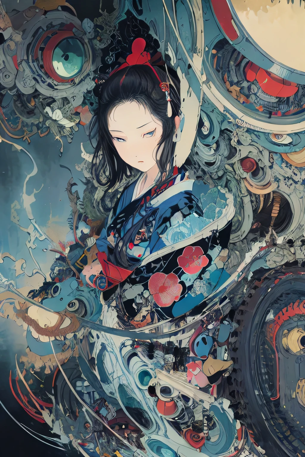 (best quality,4k,8k,high resolution,masterpiece:1.2),Super detailed,(actual,photoactual,photo-actual:1.37),girl,Mechanical,Steampunk,Japanese ukiyo-e style,robot,Metallic,fluid motion,Stylish design,cybernetic enhancement,Exquisite gears and gears,Wires and circuits,intense gaze,bright colors,ethereal lights,Mechanical transformation,Mechanical limbs,futuristic cityscape,Mechanical flowers and plants,cold and distant expression,unforgettably beautiful,Gorgeous kimono,translucent Mechanical wings,Mechanical butterflies,glowing eyes,A fusion of traditional and modern elements,meticulous artistry,precision engineering,meticulous details,industrial aesthetics,Movements are elegant and calm,Seamless integration of man and machine,otherworldly existence