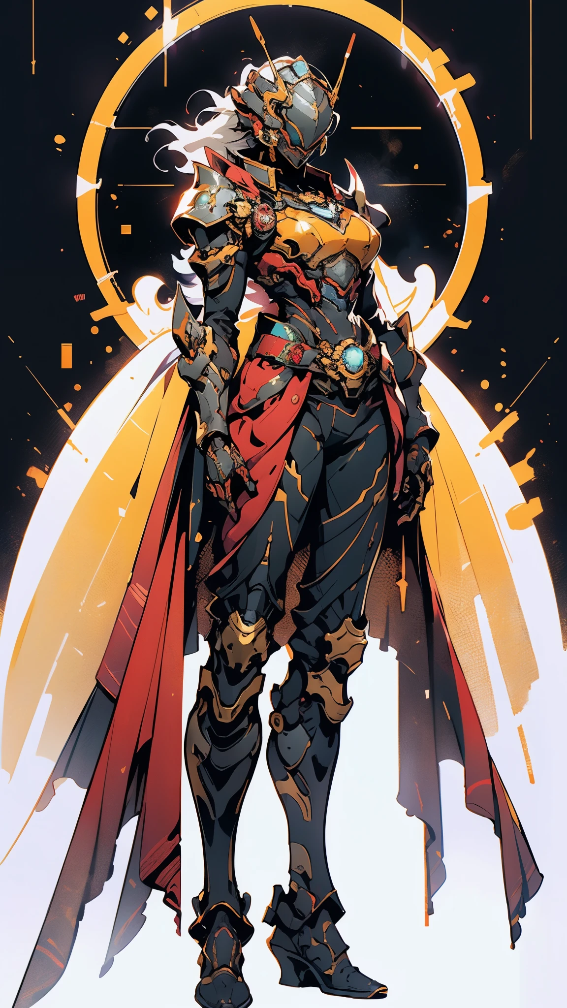 A woman adorned in fantasy-style full-body armor, a crown-concept fully enclosed helmet that unveils only her eyes, a composite layered chest plate, fully encompassing shoulder and hand guards, a lightweight waist armor, form-fitting shin guards, the overall design is heavy-duty yet flexible, (the armor gleams with a golden glow, complemented by red and blue accents), exhibiting a noble aura, she floats above a fantasy-surreal high-tech city, this character embodies a finely crafted fantasy-surreal style armored hero in anime style, exquisite and mature manga art style, (mixture of Queen bee and Spider concept Armor, plasma), ((Element, elegant, goddess, femminine:1.5)), metallic, high definition, best quality, highres, ultra-detailed, ultra-fine painting, extremely delicate, professional, anatomically correct, symmetrical face, extremely detailed eyes and face, high quality eyes, creativity, RAW photo, UHD, 32k, Natural light, cinematic lighting, masterpiece-anatomy-perfect, masterpiece:1.5