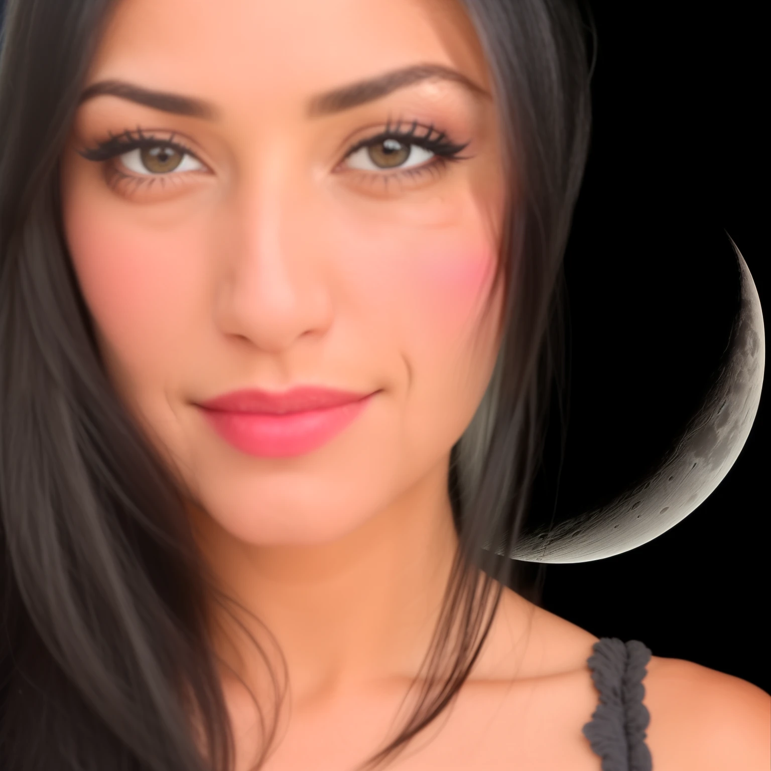arafed woman with long black hair and a lua crescente, lua crescente in background, com a lua para fora, lua crescente, portrait of a norse deusa Lua, ✨🕌🌙, na frente de uma grande lua, ☁🌪🌙👩🏾, deusa Lua, imagem de perfil, na frente da lua, Alanis Guillen, lua ao fundo