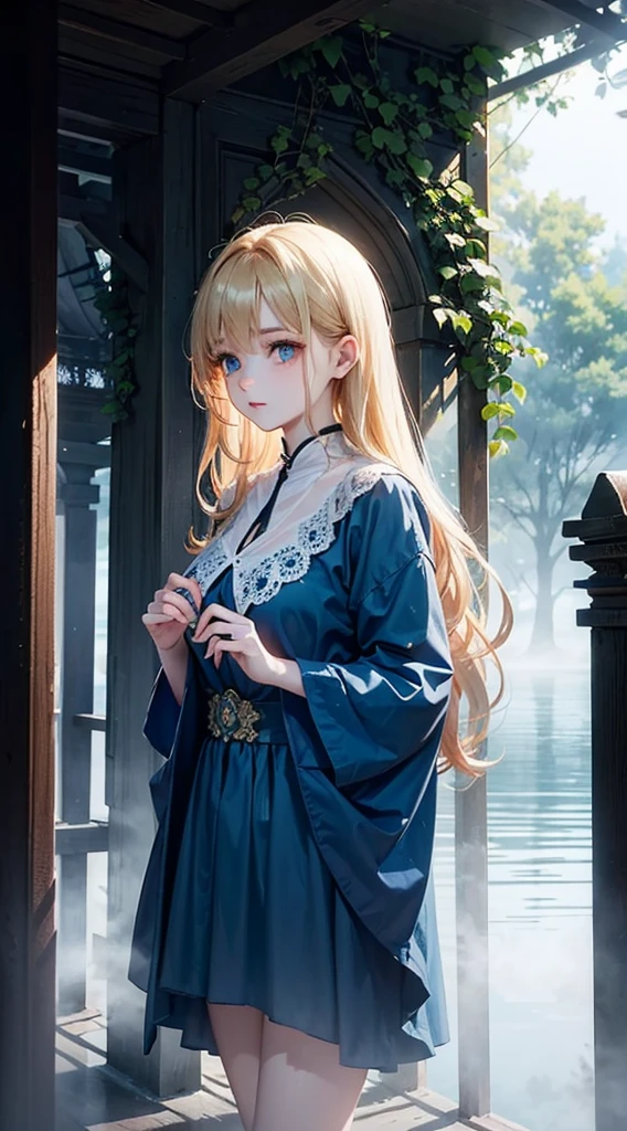 masterpiece,girl,blonde,long hair,blue costume,walk outside,fantastic fog,(shrouded in fog),Mysterious fog, light color, dreamy atmosphere, enchanting eyes, mysterious atmosphere,fantastic lighting, intricate details, fantastic scene, enchanting beauty, mysterious color,lake