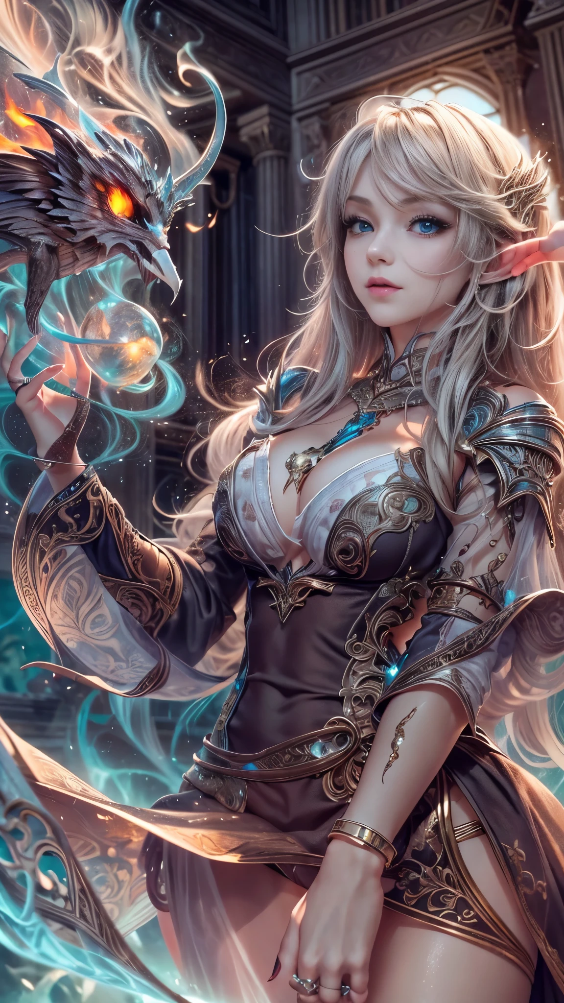 (RAW shooting:1.5, Photoreal:1.5, 8k, highest quality, masterpiece, ultra high resolution), magical world, perfect dynamic composition, Mysterious:1.3, Highly detailed skin and facial textures:1.3, Cute and sexy slim female wizard, beautiful and aesthetic, cute and sexy beauty, perfect style, wear elaborate rings, pose to cast a spell:1.3, fire, water, Wind, thunder, inflammation, ice, Fair skin, very beautiful face, (Medium chest, Chest gap), (embarrassing smile, The expression on your face when you feel intense caress, Facial expression when feeling pleasure), (How to properly wear a sexy wizard costume off your shoulders), (beautiful blue eyes, Eyes that feel beautiful eros:0.8), (Too erotic:0.9, Bewitching:0.9), dark fantasy:1.3, full body shot