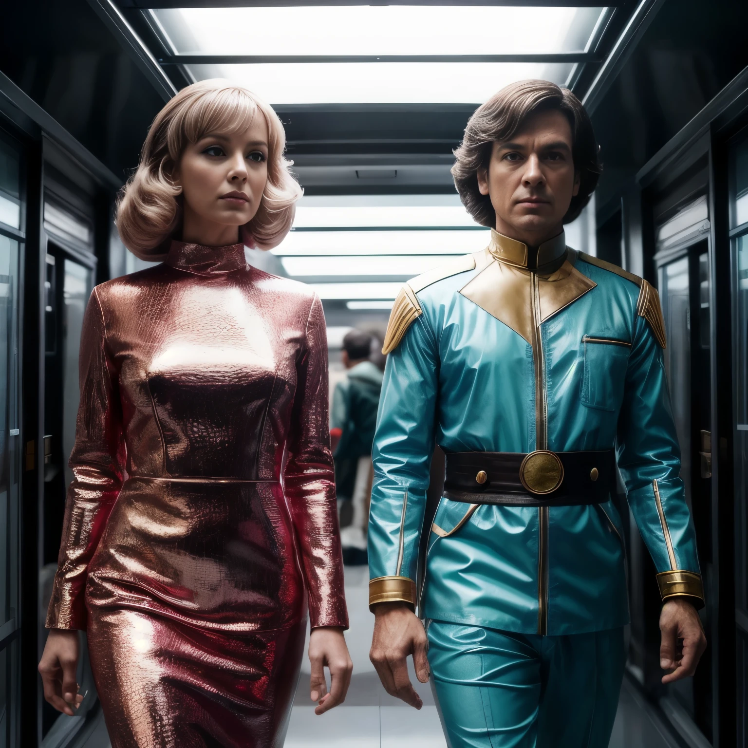 4k images from 1970s science fiction movies, real picture, super real,high definition,wes anderson style, inspired by the fifth element,pastel colors, Two women and two men wearing retro futuristic fashion clothes and futuristic technological ornaments and sci-fi equipment,Over-the-top opera costumes and jewelry,Natural light,Psychedelic, weird futuristic, retrofuturism