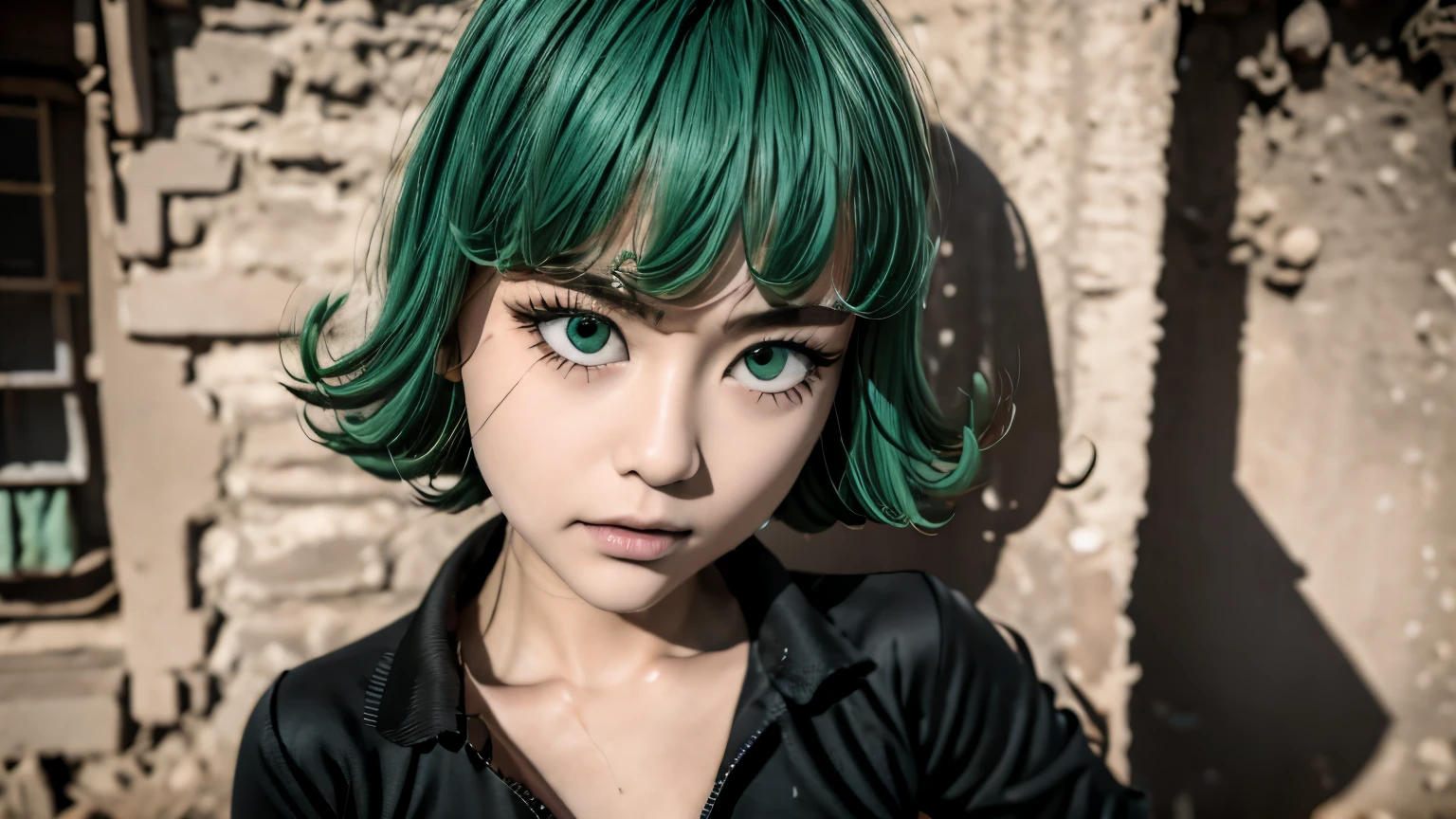 there is a woman as tall as  asian girl, anime girl in real life, photorealistic anime girl render, ig model | artgerm,Tatsumaki from one punch man, green hime cut hair, with short hair, realistic artstyle, masayoshi suto and artgerm, 8k, High quality image, masterpiece, detailed hair texture, detailed skin texture, detailed cloth texture, 8k, add fabric details, ultra detailed skin texture, ultra detailed photo, skin pores, cloth details, high skin details, realistic hair details, dramatic light, a woman, looking at the viewers.