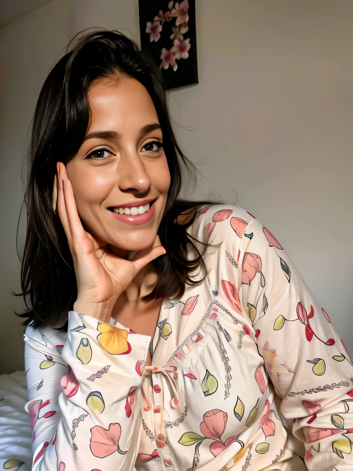 woman in pajamas sitting on the bed with her hand on her face, vestindo uma camisa rindo, vestindo pijama, vestindo um pijama folgado, muito cara de Bobagem, imagem de perfil, Bobagem, vestindo pijama branco, Deborah, Retrato 4 / 3, photographic portrait, noite!, photo retrato, hand on cheek, retrato!!!, Sarah, retrato!!!!, foto retrato sincera