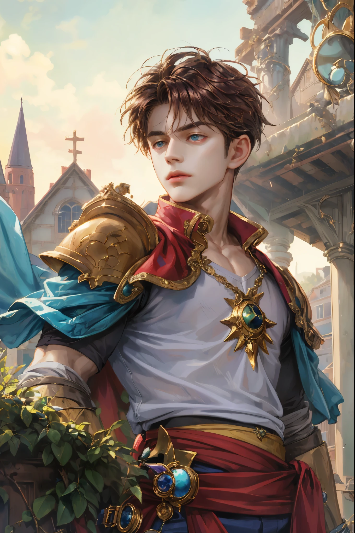 (absurdres, highres, ultra detailed), 1 boy, boy, handsome boy character from ps1 game legend of mana, detailed obsidian hair with detailed goggles on head with ornaments, detailed short hair, anime eyes, bangs, detailed adventure hero clothes with red cape with little purple details showing, showing chest on creases, crop top, finely detailed eyes red details showing and detailed face, sulking face, dimples, extremely detailed CG unity 8k wallpaper, blue details on side, intricate details yellow details on left, portrait, ruin of pink roses, market theme, showing lot of skin, from below, 1:1 , eyes on viewer, detailed houses town scenery background