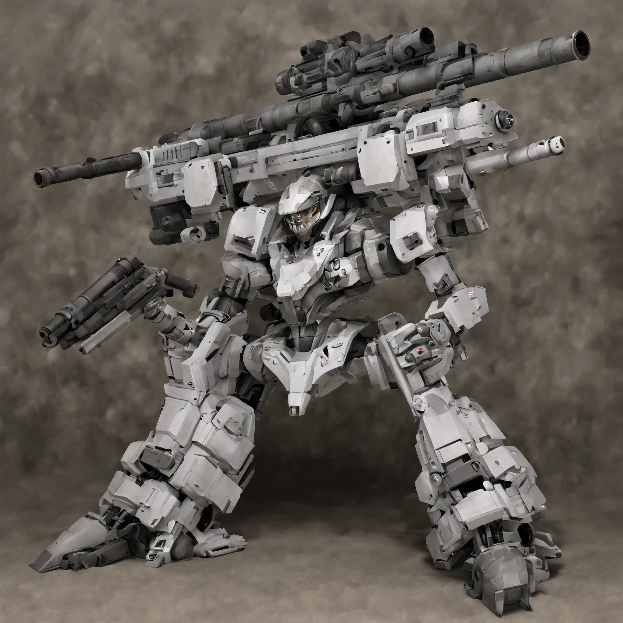 4 legged robot, calm head, combat readiness, rifle, missile pod, machine gun, Huge cannon, very detailed, battlefield, fire, cigarette, explosion, armored core style,