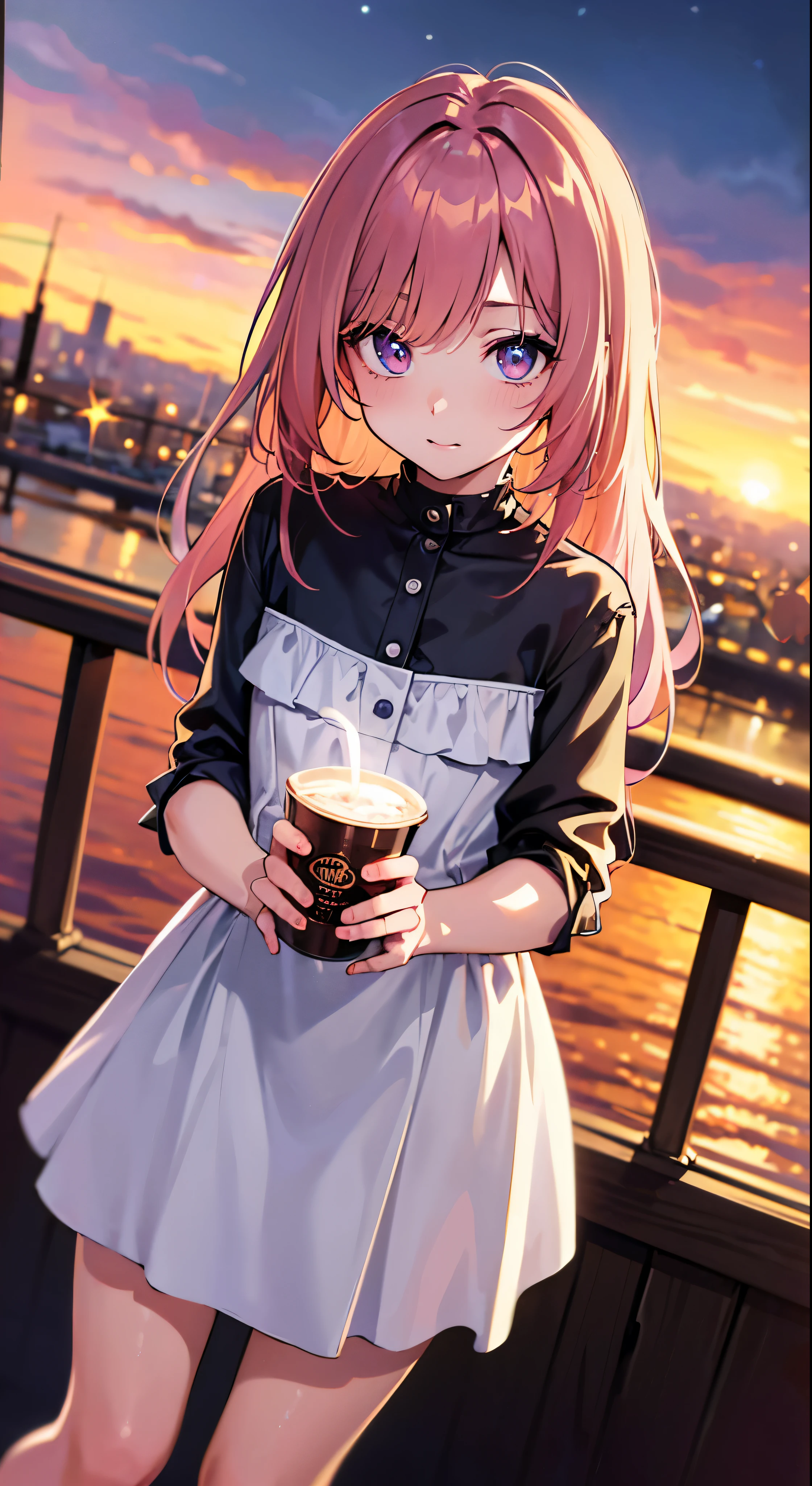 (gradient hair, Dutch Cape:1.3), film grain, Color difference, City, masterpiece, best quality, original photo, lifelike, Ridiculous, 1 girl, Lovely, view, Cowboy shooting, high resolution, Super detailed, Detailed eyes and face, sharp pupils, realistic student, sharp focus, summer, night,