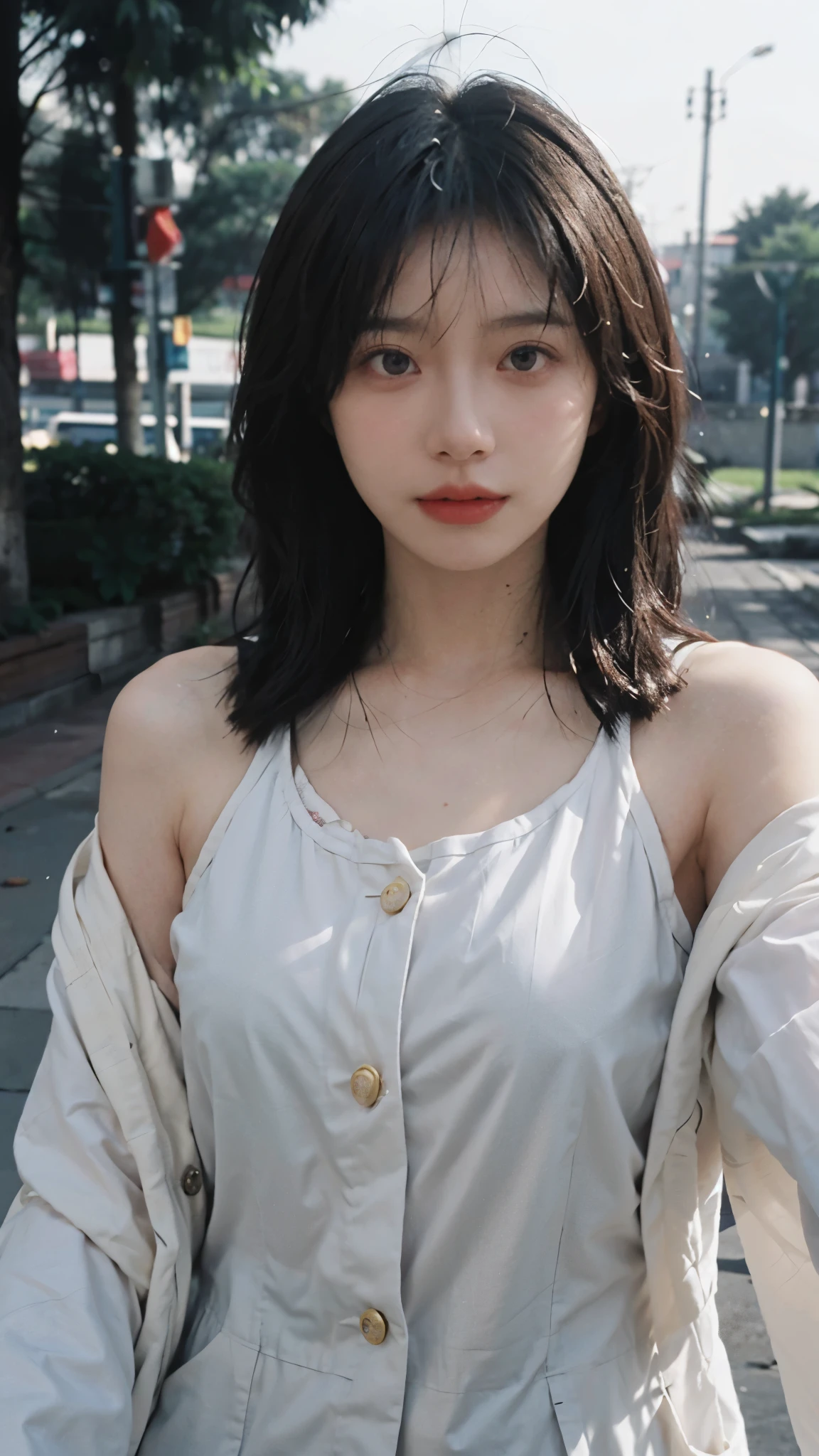 best quality, ultra high resolution, (realistically:1.4),cute hairpin,Baoyu Girl,(flat chest:1.2) ,A pair of clear and charming peach blossom eyes,Royal sister,The sun shines on the face,Big wavy hairstyle,(necklace:1.2),(White skin:1.4),a sense of atmosphere,a beautiful girl,Looking directly at the viewer, Close-up cleavage ,(lifelike:1.4),1 girl,Sexy,(Upper body:1.6),(wet),(:1.2)