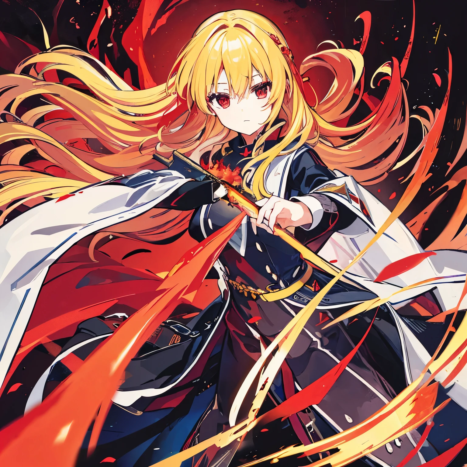 woman with long blonde hair,red eyes,flying,Shoot fire from your hand,The atmosphere is gloomy.((sacred))