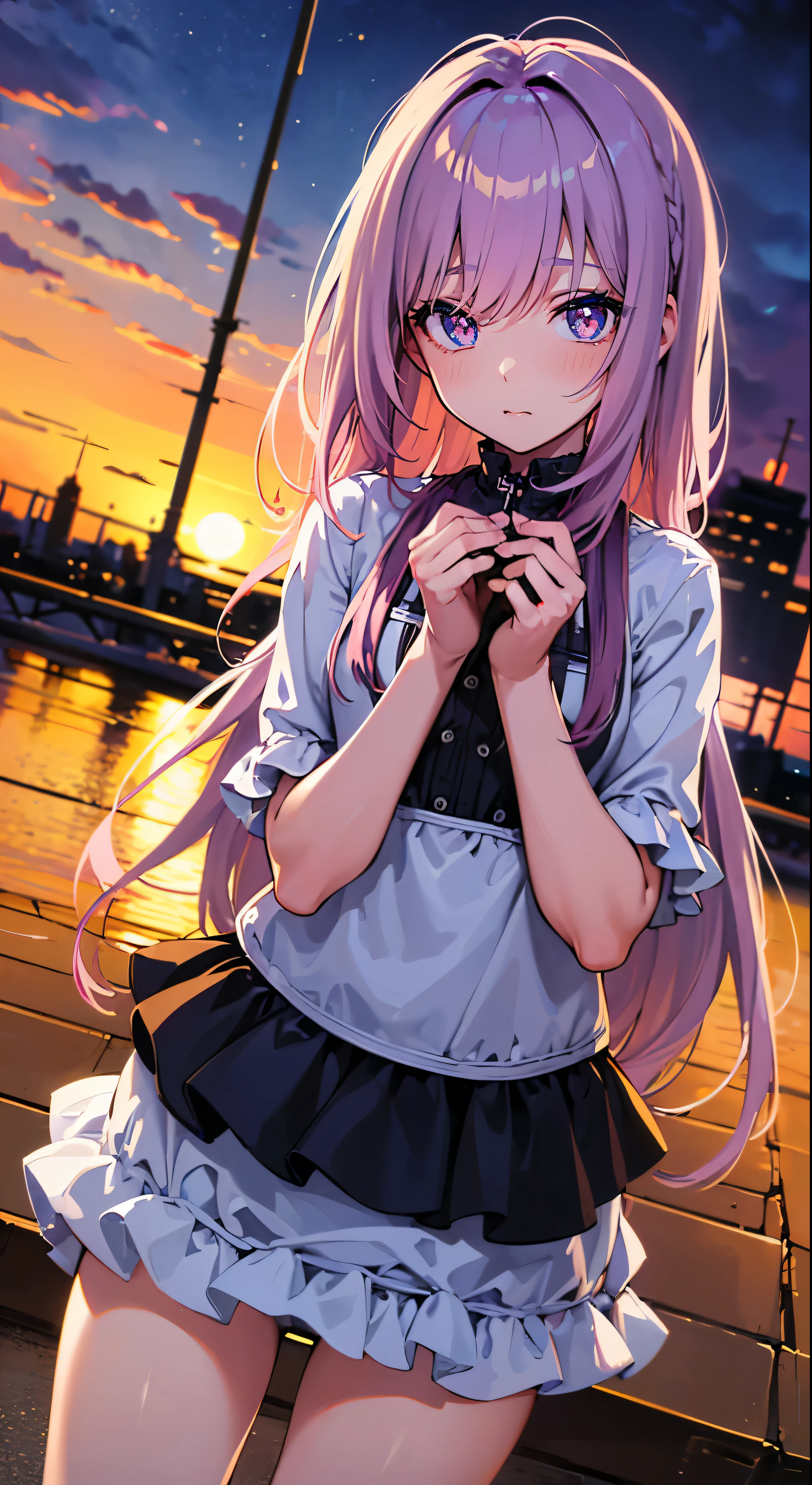 (gradient hair, Dutch Cape:1.3), film grain, Color difference, City, masterpiece, best quality, original photo, lifelike, Ridiculous, 1 girl, Lovely, view, Cowboy shooting, high resolution, Super detailed, Detailed eyes and face, sharp pupils, realistic student, sharp focus, summer, night,