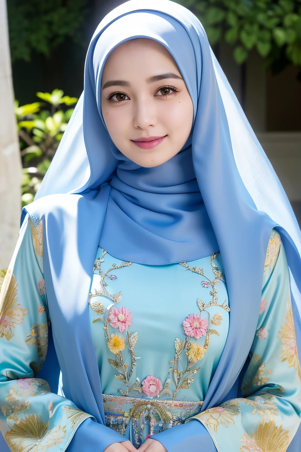 Luna Maya, (RAW photo:1.2), (photorealistic:1.4),(masterpiece:1.3),(best quality:1.4),ultra high res,(detailed eyes),(detailed facial features),(detailed clothes features),HDR,8k resolution, skin tight, (((high detailed skin,visible pores))), dreamlike,  (ulzzang-6500-v1.1:0.5),pureerosface_v1:0.2, face close-up, 1 girl, tall body, slim faces, body abs:1.2, , 30 years old,  wearing tight close pastel floral silk malay gamis with hijab, full body, beautiful shy smile,  wearing high heels