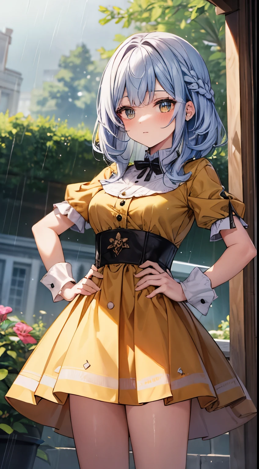 cute magic girl, big eye, red braided, standing hands on hips, gorgeous yellow dress, rainy english garden