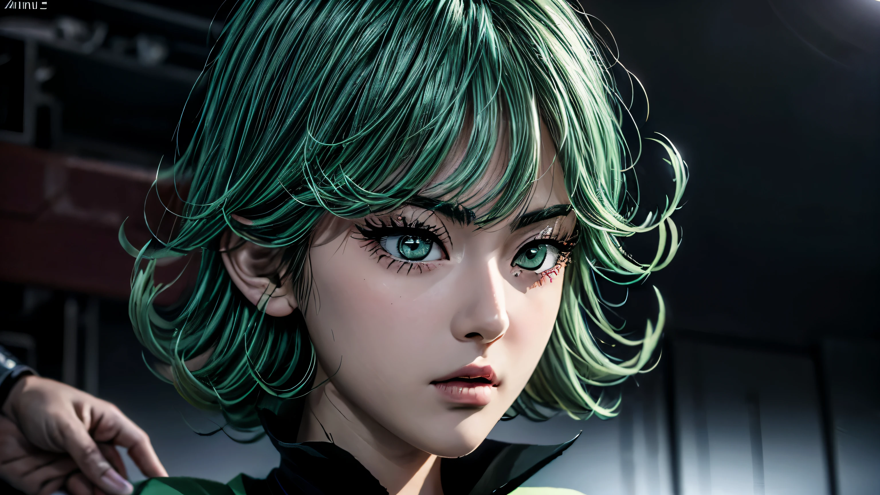 there is a woman as tall as  asian girl, anime girl in real life, photorealistic anime girl render, ig model | artgerm,Tatsumaki from one punch man, green hime cut hair, with short hair, realistic artstyle, masayoshi suto and artgerm, 8k, High quality image, masterpiece, detailed hair texture, detailed skin texture, detailed cloth texture, 8k, add fabric details, ultra detailed skin texture, ultra detailed photo, skin pores, cloth details, high skin details, realistic hair details, dramatic light, a woman, looking at the viewers.