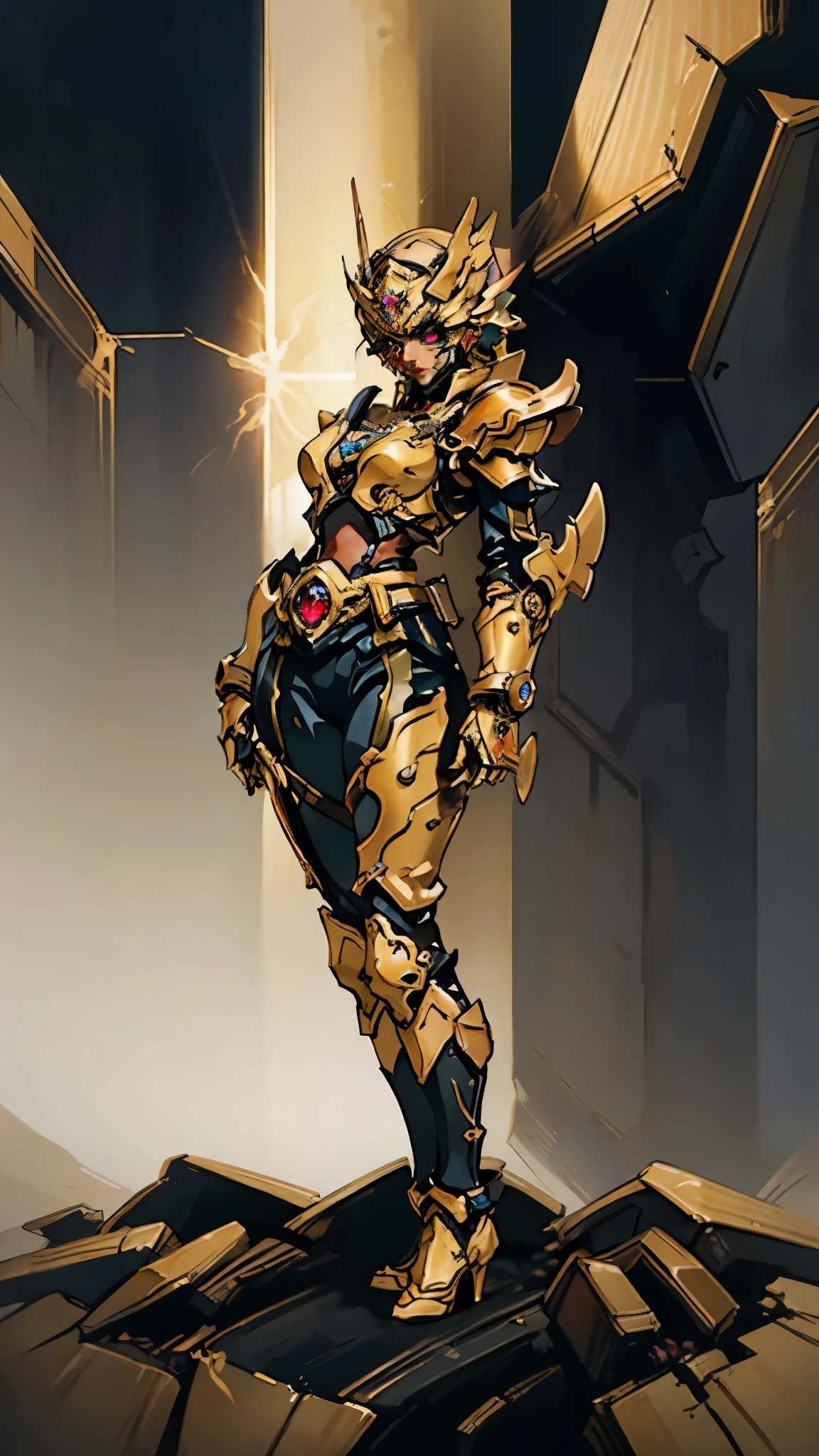 A woman adorned in fantasy-style full-body armor, a crown-concept fully enclosed helmet that unveils only her eyes, a composite layered chest plate, fully encompassing shoulder and hand guards, a lightweight waist armor, form-fitting shin guards, the overall design is heavy-duty yet flexible, (the armor gleams with a golden glow, complemented by red and blue accents), exhibiting a noble aura, she floats above a fantasy-surreal high-tech city, this character embodies a finely crafted fantasy-surreal style armored hero in anime style, exquisite and mature manga art style, (mixture of Queen bee and Spider concept Armor, plasma), ((Element, elegant, goddess, femminine:1.5)), metallic, high definition, best quality, highres, ultra-detailed, ultra-fine painting, extremely delicate, professional, anatomically correct, symmetrical face, extremely detailed eyes and face, high quality eyes, creativity, RAW photo, UHD, 32k, Natural light, cinematic lighting, masterpiece-anatomy-perfect, masterpiece:1.5