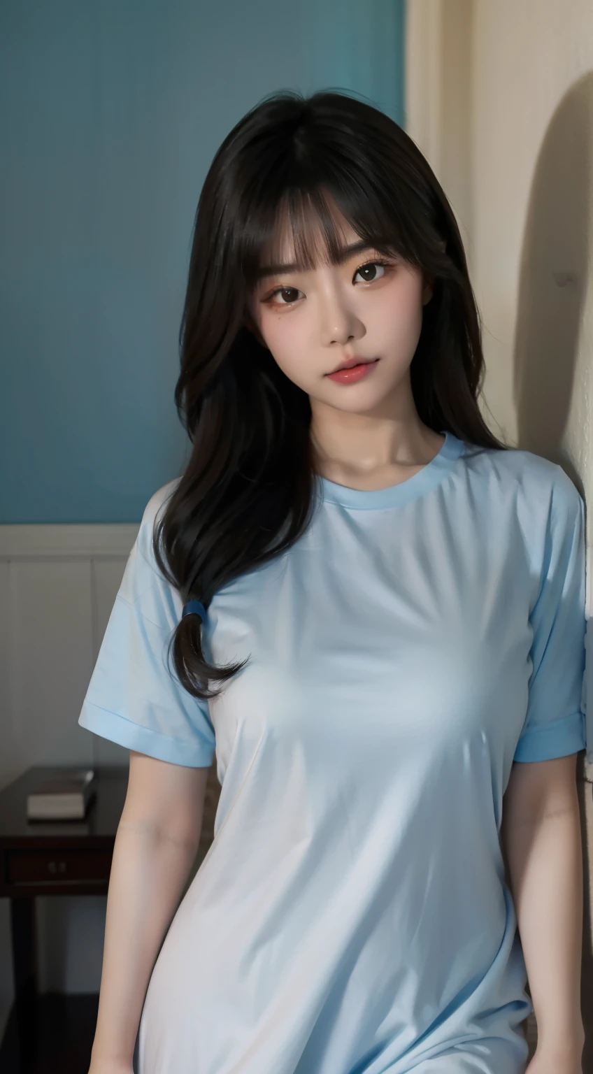 A Chinese woman on the background wall, fluffy hair, delicate face, bright, real girl, Large aperture, Wearing a mid-length T-shirt dress, Tight letter T-shirt, Macro shooting, full, Slightly fat, very full, Sexy, Looking at you, nice eyes,