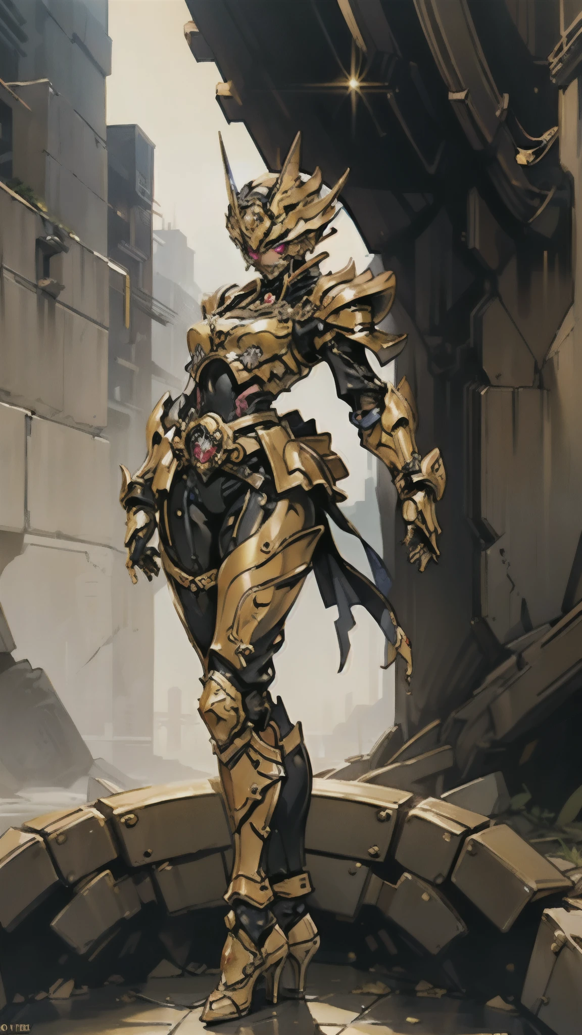 A woman adorned in fantasy-style full-body armor, a crown-concept fully enclosed helmet that unveils only her eyes, a composite layered chest plate, fully encompassing shoulder and hand guards, a lightweight waist armor, form-fitting shin guards, the overall design is heavy-duty yet flexible, (the armor gleams with a golden glow, complemented by red and blue accents), exhibiting a noble aura, she floats above a fantasy-surreal high-tech city, this character embodies a finely crafted fantasy-surreal style armored hero in anime style, exquisite and mature manga art style, (mixture of Queen bee and Spider concept Armor, plasma), ((Element, elegant, goddess, femminine:1.5)), metallic, high definition, best quality, highres, ultra-detailed, ultra-fine painting, extremely delicate, professional, anatomically correct, symmetrical face, extremely detailed eyes and face, high quality eyes, creativity, RAW photo, UHD, 32k, Natural light, cinematic lighting, masterpiece-anatomy-perfect, masterpiece:1.5