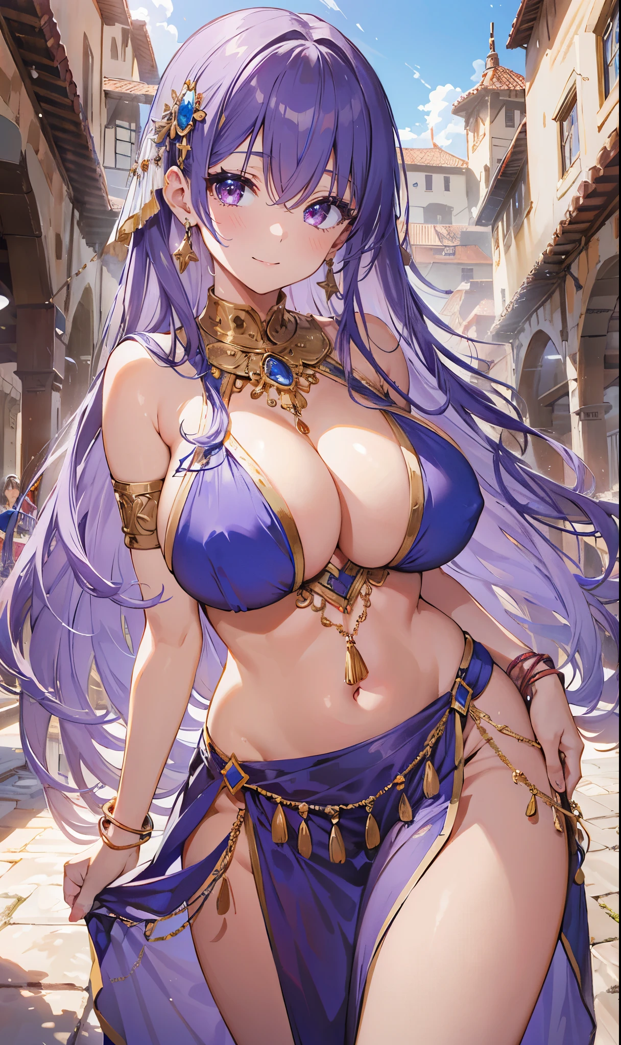 high quality, ultra detailed, best quality, insanely detailed, beautiful, masterpiece, 1girl, plaza, medieval Europe, cowboy shot, red eyes, long hair, light purple hair, (belly dancer, harem outfit, pelvic curtain:1.2), purple costume, bare legs, circlet, earrings, armlets, bracelets, bashful smile, dancing, large breasts, cleavage, soft stomach