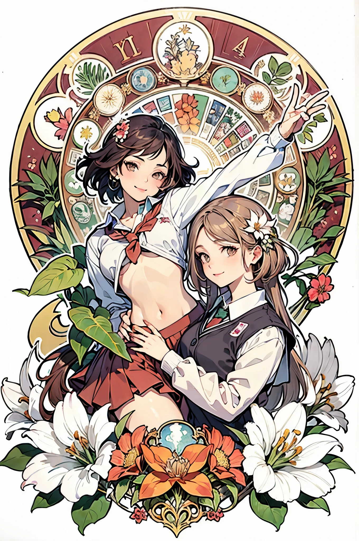 (by mucha:1.2),((art deco,Botanical Art,Floral Art)),(floral:1.2),lily flower,
(masterpiece, highest quality),(vibrant colors,colorful),(amazing details,detailed background),anatomically correct,Accurate drawing,Detailed drawing,high-class sense,
two girls hugging:1.4,
(School uniform:1.5),smile,
(Unruly hair,voluminous hair),(breasts:1.2),(thighs:1.2),navel,bare flank,