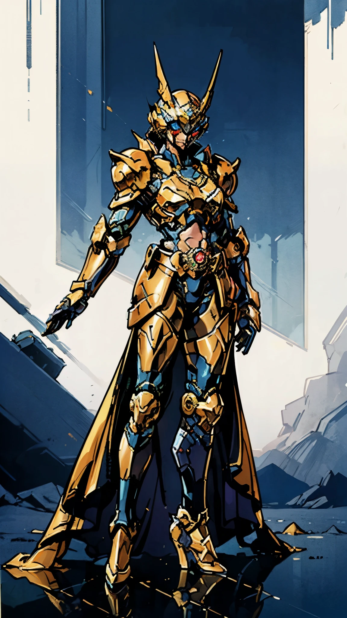 A woman adorned in fantasy-style full-body armor, a crown-concept fully enclosed helmet that unveils only her eyes, a composite layered chest plate, fully encompassing shoulder and hand guards, a lightweight waist armor, form-fitting shin guards, the overall design is heavy-duty yet flexible, (the armor gleams with a golden glow, complemented by red and blue accents), exhibiting a noble aura, she floats above a fantasy-surreal high-tech city, this character embodies a finely crafted fantasy-surreal style armored hero in anime style, exquisite and mature manga art style, (mixture of Queen bee and Spider concept Armor, plasma), ((Element, elegant, goddess, femminine:1.5)), metallic, high definition, best quality, highres, ultra-detailed, ultra-fine painting, extremely delicate, professional, anatomically correct, symmetrical face, extremely detailed eyes and face, high quality eyes, creativity, RAW photo, UHD, 32k, Natural light, cinematic lighting, masterpiece-anatomy-perfect, masterpiece:1.5