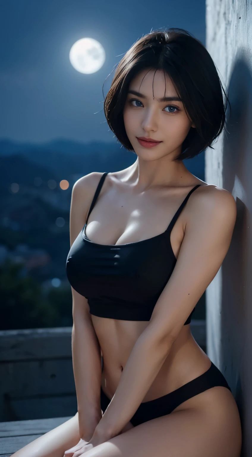 8k, top quality, 复杂的detail, 超detail, ultra high resolution, masterpiece, random angle, thin and long, Smile, (cosmetics: 0.4), (蓬松的blue eyes: 1.21), blue eyes,, ((whole body)), 1 girl, alone, 1 girl, (( whole body)), close-up, kneeling , , ((High)), (((toned body))), (((face slimming))), sharp face, sharp vision, (((black hair, short hair, bob hair , )) (detailed face), sharp face, small lips, thin lips,
(( crop top )), detailed face, detailed breast, , Big breasts, detail, , beautiful girl,Have slender abdominal muscles: 1.4, Six-pack abs: 1.4, Breast Enlargement Botox, big deal, Perfect body, detail leg, (( moonlight)), top of mountain