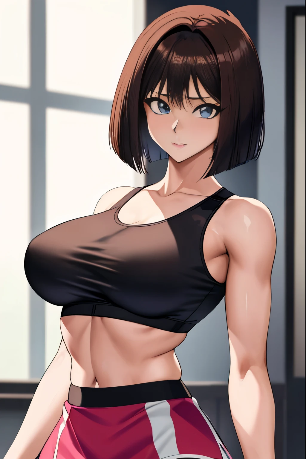 Close-up of a woman with short brown hair, blue eyed woman, bob cut, classic women, big breasts, had very large breasts, Made at Anime Painter Studio, Tits, clothing:black sports bra, women romance, anime style, muscular woman, feminine and muscular, tall, high school girl, adult sex appeal, wore a tight skirt, Are standing, sports bra with an black, anime dick!!!!, bare shoulders, bare arms, 