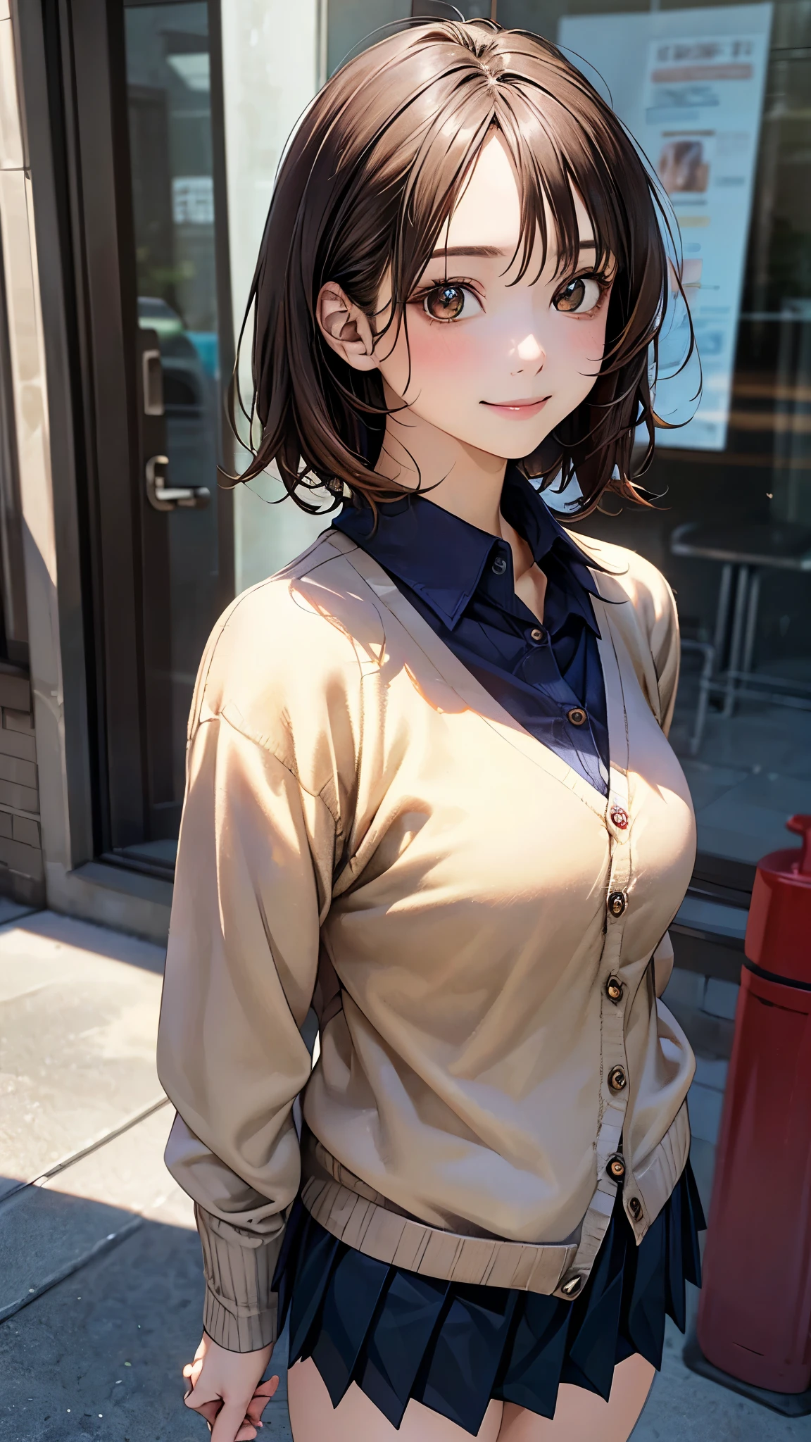 (masterpiece:1.2, top-quality), (realistic, photorealistic:1.4), beautiful illustration, (natural side lighting, movie lighting), 
looking at viewer, (face focus, upper body), front view, 1 girl, japanese, high school girl, 16 years old, perfect face, cute and symmetrical face, shiny skin, 
(short hair:1.7, straight hair:1.4, flipped hair, brown hair), parted bangs, light brown eyes, long eye lasher, (), slender, 
beautiful hair, beautiful face, beautiful detailed eyes, beautiful clavicle, beautiful body, beautiful , beautiful thigh, beautiful legs, beautiful fingers, 
((detailed cloth texture, (yellow brown cardigan, closed cardigan), white collared shirts, navy pleated skirt, red tai)), 
(beautiful scenery), evening, (outside park), standing, (happy smile, upper eyes), 