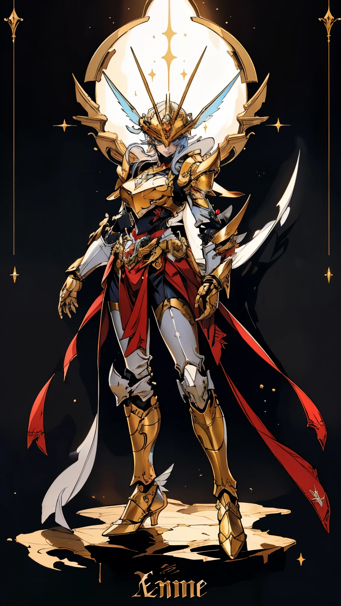 A woman adorned in fantasy-style full-body armor, a crown-concept fully enclosed helmet that unveils only her eyes, a composite layered chest plate, fully encompassing shoulder and hand guards, a lightweight waist armor, form-fitting shin guards, the overall design is heavy-duty yet flexible, (the armor gleams with a golden glow, complemented by red and blue accents), exhibiting a noble aura, she floats above a fantasy-surreal high-tech city, this character embodies a finely crafted fantasy-surreal style armored hero in anime style, exquisite and mature manga art style, (mixture of Queen bee and Spider concept Armor, plasma), ((Element, elegant, goddess, femminine:1.5)), metallic, high definition, best quality, highres, ultra-detailed, ultra-fine painting, extremely delicate, professional, anatomically correct, symmetrical face, extremely detailed eyes and face, high quality eyes, creativity, RAW photo, UHD, 32k, Natural light, cinematic lighting, masterpiece-anatomy-perfect, masterpiece:1.5