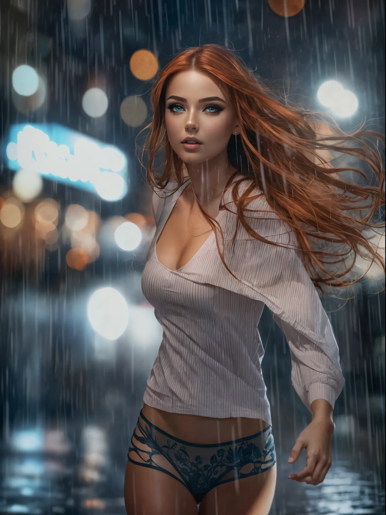Full body from a woman with long red hair, green eyes, wearing only sexy transparent panties, running in the city, realistic perfect face, beautiful woman face, glam make-up, dark eye make-up, dark brown hair and makeup, perfect face model, Arabella mist-splitter, perfect face ), beautiful lips:5 stylish, beautiful female face, attractive female face!!!, beautiful feminine face, beautiful makeup, perfect face!!. all wet on a rainy night, scared look, eerie, creepy, dark ambient, cinematic lights, ultra sharp focus, bird's eye view, high view, looking at the camera, raindrops.