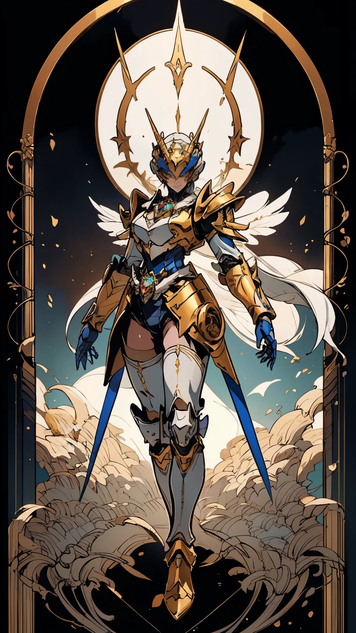 A woman adorned in fantasy-style full-body armor, a crown-concept fully enclosed helmet that unveils only her eyes, a composite layered chest plate, fully encompassing shoulder and hand guards, a lightweight waist armor, form-fitting shin guards, the overall design is heavy-duty yet flexible, (the armor gleams with a golden glow, complemented by red and blue accents), exhibiting a noble aura, she floats above a fantasy-surreal high-tech city, this character embodies a finely crafted fantasy-surreal style armored hero in anime style, exquisite and mature manga art style, (mixture of Queen bee and Spider concept Armor, plasma), ((Element, elegant, goddess, femminine:1.5)), metallic, high definition, best quality, highres, ultra-detailed, ultra-fine painting, extremely delicate, professional, anatomically correct, symmetrical face, extremely detailed eyes and face, high quality eyes, creativity, RAW photo, UHD, 32k, Natural light, cinematic lighting, masterpiece-anatomy-perfect, masterpiece:1.5