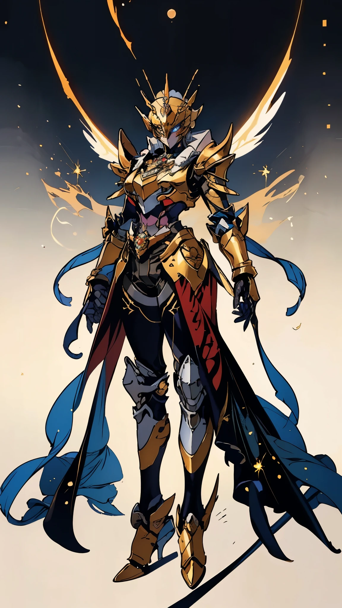 A woman adorned in fantasy-style full-body armor, a crown-concept fully enclosed helmet that unveils only her eyes, a composite layered chest plate, fully encompassing shoulder and hand guards, a lightweight waist armor, form-fitting shin guards, the overall design is heavy-duty yet flexible, (the armor gleams with a golden glow, complemented by red and blue accents), exhibiting a noble aura, she floats above a fantasy-surreal high-tech city, this character embodies a finely crafted fantasy-surreal style armored hero in anime style, exquisite and mature manga art style, (mixture of Queen bee and Spider concept Armor, plasma), ((Element, elegant, goddess, femminine:1.5)), metallic, high definition, best quality, highres, ultra-detailed, ultra-fine painting, extremely delicate, professional, anatomically correct, symmetrical face, extremely detailed eyes and face, high quality eyes, creativity, RAW photo, UHD, 32k, Natural light, cinematic lighting, masterpiece-anatomy-perfect, masterpiece:1.5