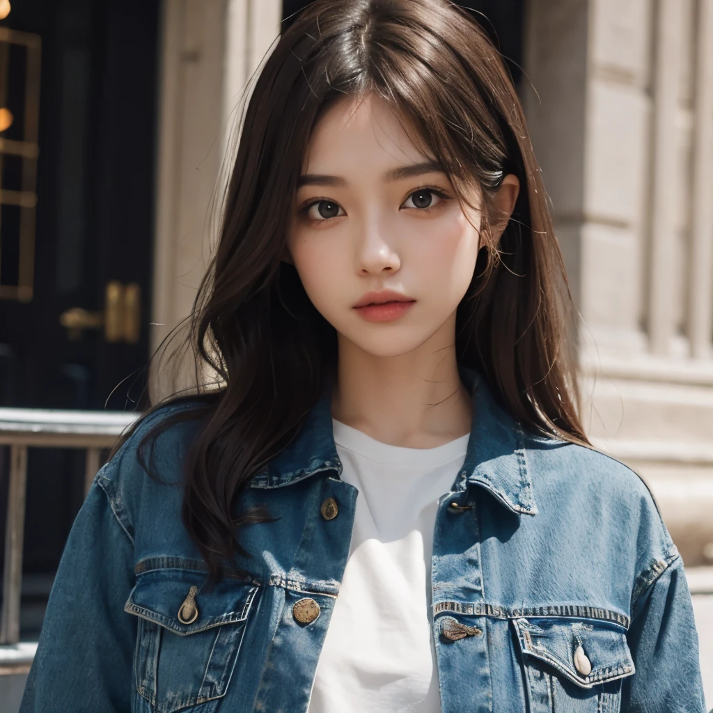 Girl, long blonde brown hair, brown eyes, sharp features, white skin, T-shirt, denim jacket and jeans style, Paris